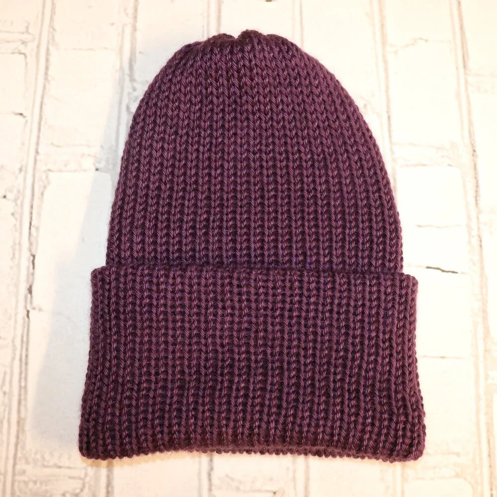 💜 Dark Purple Satin Knitted Beanie – Handmade · Women’s Medium
